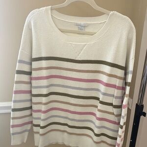 Design History White Crewneck Sweater with Pink, Olive & Tan Stripes